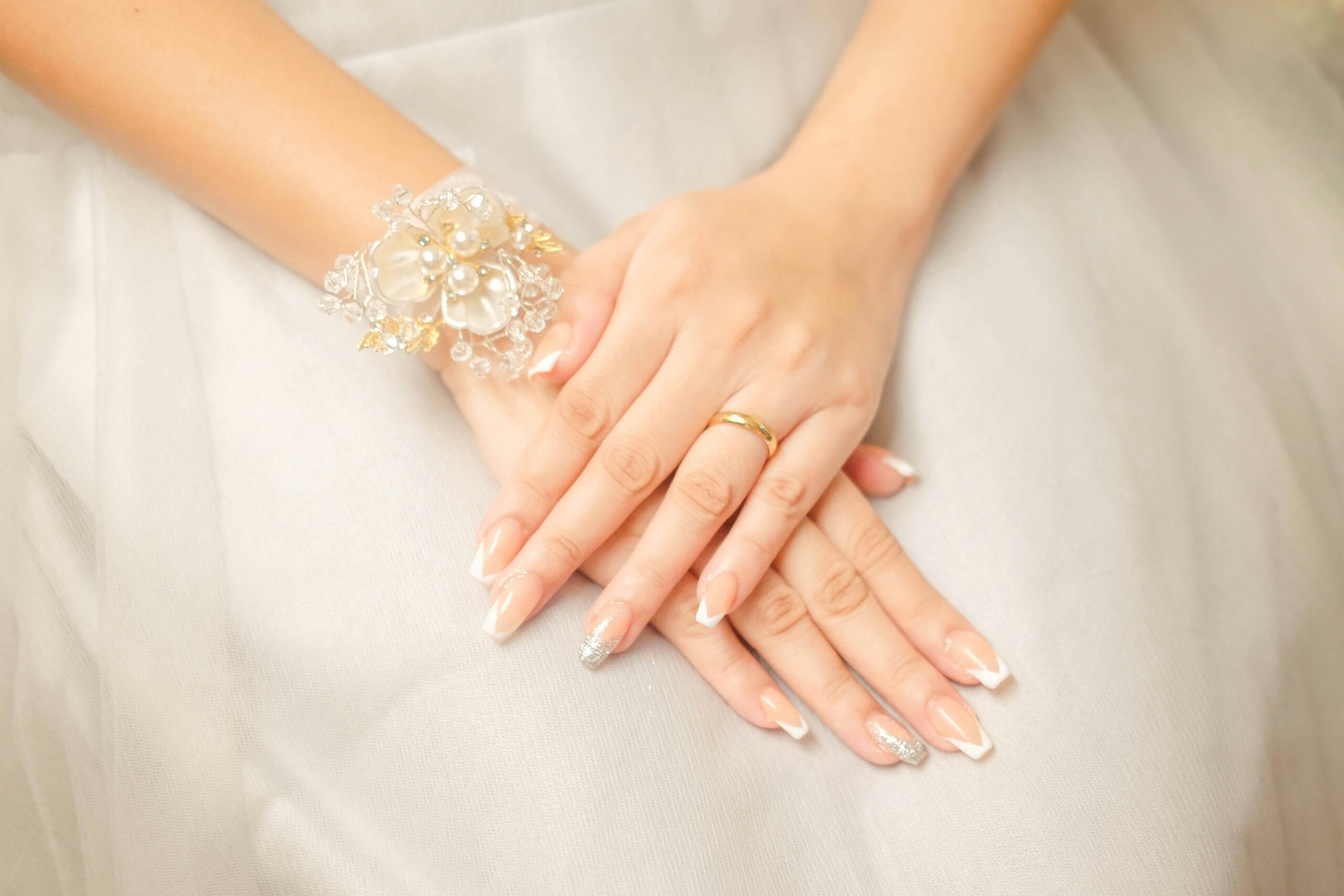 A close up of a person wearing a wedding dress